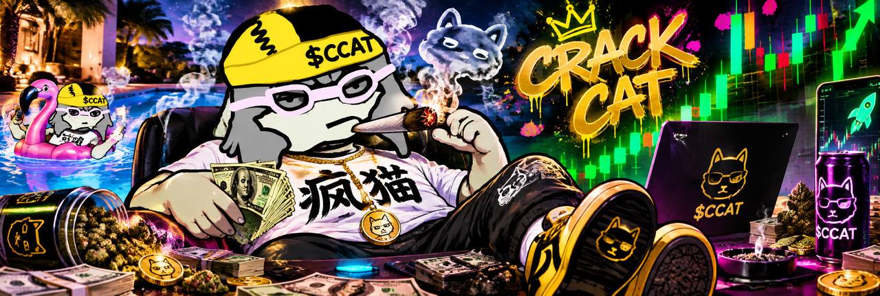 CRACK CAT 戴着黄帽子和粉色眼镜坐在泳池边，周围是霓虹色交易屏幕和疯猫艺术